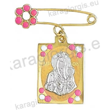 Παραμάνα για κορίτσι - φυλαχτό Κ14 δίχρωμη χρυσή με λευκόχρυση ανάγλυφη Παναγίτσα με Χριστούλη σε παραμάνα με λουλουδάκι με σμάλτο