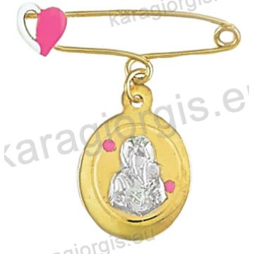 Παραμάνα για κορίτσι - φυλαχτό Κ14 δίχρωμη χρυσή με λευκόχρυση ανάγλυφη Παναγίτσα με Χριστούλη σε παραμάνα με καρδούλα με σμάλτο