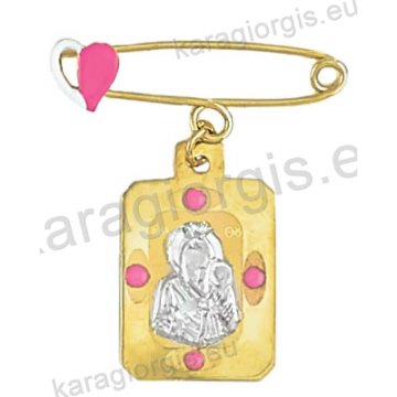 Παραμάνα για κορίτσι - φυλαχτό Κ14 δίχρωμη χρυσή με λευκόχρυση ανάγλυφη Παναγίτσα με Χριστούλη σε παραμάνα με καρδούλα με σμάλτο