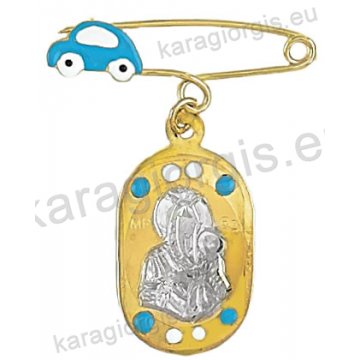 Παραμάνα για αγόρι - φυλαχτό Κ14 δίχρωμη χρυσή με λευκόχρυση ανάγλυφη Παναγίτσα με Χριστούλη σε παραμάνα με αυτοκινητάκι με σμάλτο