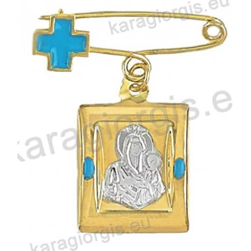 Παραμάνα για αγόρι - φυλαχτό Κ14 δίχρωμη χρυσή με λευκόχρυση ανάγλυφη Παναγίτσα με Χριστούλη σε παραμάνα με σταυρουδάκι με σμάλτο και ματάκι