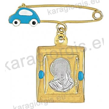 Παραμάνα για αγόρι - φυλαχτό Κ14 δίχρωμη χρυσή με λευκόχρυση ανάγλυφο Χριστούλη σε παραμάνα με αυτοκινητάκι με σμάλτο
