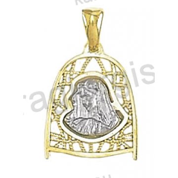 Μενταγιόν - φυλακτό Κ14 δίχρωμο χρυσό με λευκόχρυσο με Παναγίτσα με Χριστούλη