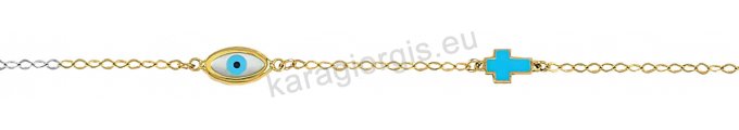 Παιδικό βραχιολάκι για κορίτσι ή αγόρι δίχρωμο χρυσό με λευκόχρυσο Κ14 με ματάκι φίλντισι και σταυρουδάκι με σμάλτο