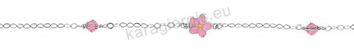 Παιδικό βραχιολάκι για κορίτσι λευκόχρυσο Κ14 με λουλουδάκι με σμάλτο και ροζ σπινέλιους