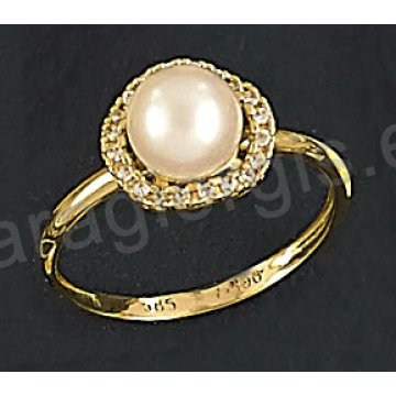 Μονόπετρο δαχτυλίδι fashion χρυσό Κ14 με πέρλα και άσπρες πέτρες ζιργκόν