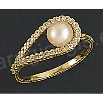 Δαχτυλίδι fashion χρυσό Κ14 με πέρλα και άσπρες πέτρες ζιργκόν