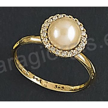 Μονόπετρο δαχτυλίδι fashion χρυσό Κ14 με πέρλα και άσπρες πέτρες ζιργκόν