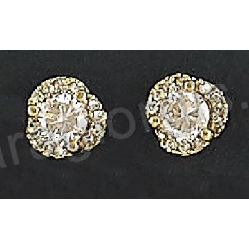 Σκουλαρίκια Κ14 χρυσά σε σχήμα ροζέτας με πέρλα και άσπρες πέτρες ζιργκόν