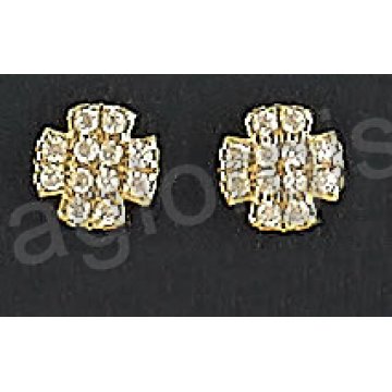 Σκουλαρίκια Κ14 χρυσά σε σχήμα σταυρού με άσπρες πέτρες ζιργκόν