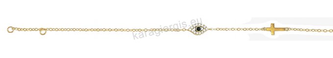 Βραχιόλι fashion χρυσό Κ14 με ματάκι, σταυρουδάκι με μαύρη και άσπρες πέτρες ζιργκόν