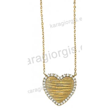 Κολιέ fashion χρυσό Κ14 με μενταγιόν σε σχήμα καρδιάς με άσπρες πέτρες ζιργκόν