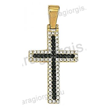 Βαπτιστικός σταυρός χρυσός Κ14 με άσπρες και μαύρες πέτρες ζιργκόν