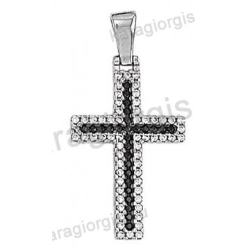 Βαπτιστικός σταυρός λευκόχρυσος Κ14 με άσπρες και μαύρες πέτρες ζιργκόν