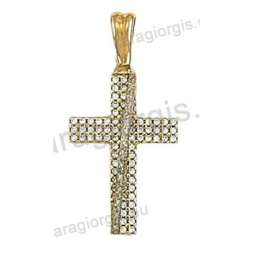 Βαπτιστικός σταυρός χρυσός Κ14 με άσπρες πέτρες ζιργκόν