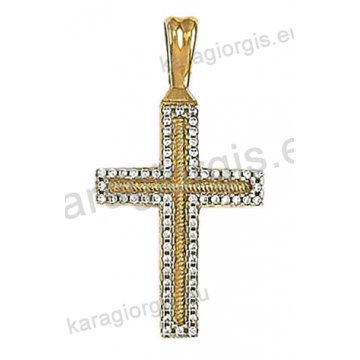 Βαπτιστικός σταυρός χρυσός Κ14 με άσπρες πέτρες ζιργκόν
