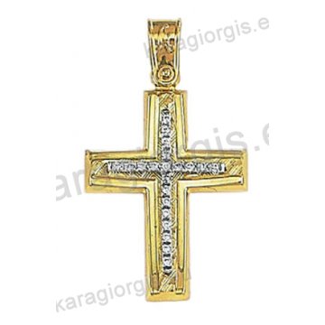 Δίχρωμος βαπτιστικός σταυρός Κ14 για κορίτσι χρυσός με λευκόχρυσο με διαμαντέ και λουτρέ φινίρισμα με άσπρες πέτρες ζιργκόν
