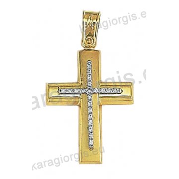 Δίχρωμος βαπτιστικός σταυρός Κ14 για κορίτσι χρυσός με λευκόχρυσο με άσπρες πέτρες ζιργκόν