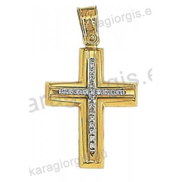 Δίχρωμος βαπτιστικός σταυρός Κ14 για κορίτσι χρυσός με λευκόχρυσο με άσπρες πέτρες ζιργκόν