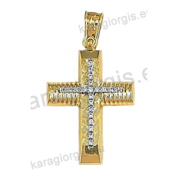 Δίχρωμος βαπτιστικός σταυρός Κ14 για κορίτσι χρυσός με λευκόχρυσο με διαμαντέ και λουτρέ φινίρισμα με άσπρες πέτρες ζιργκόν