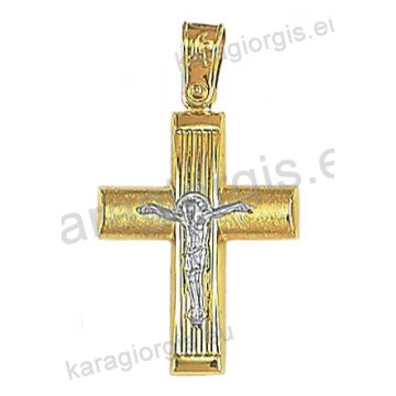 Δίχρωμος βαπτιστικός σταυρός Κ14 για αγόρι χρυσός με ένθετο λευκόχρυσο εσταυρωμένο
