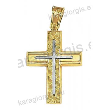 Δίχρωμος βαπτιστικός σταυρός Κ14 για αγόρι χρυσός με διαμαντέ και λουστρέ φινίρισμα με ένθετο λευκόχρυσο σταυρό