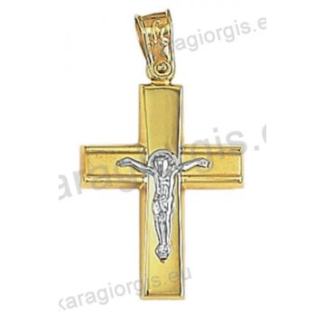 Δίχρωμος βαπτιστικός σταυρός Κ14 για αγόρι χρυσός με ένθετο λευκόχρυσο εσταυρωμένο