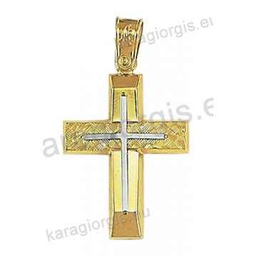 Δίχρωμος βαπτιστικός σταυρός Κ14 για αγόρι χρυσός με διαμαντέ και λουστρέ φινίρισμα με ένθετο λευκόχρυσο σταυρό