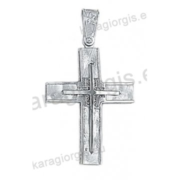 Λευκόχρυσος βαπτιστικός σταυρός Κ14 για αγόρι με σαγρέ φινίρισμα και ένθετο λευκόχρυσο σταυρό