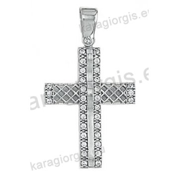 Λευκόχρυσος βαπτιστικός σταυρός Κ14 για κορίτσι με συρμάτινη χιαστή πλέξη και λουστρέ φινίρισμα με άσπρες πέτρες ζιργκόν