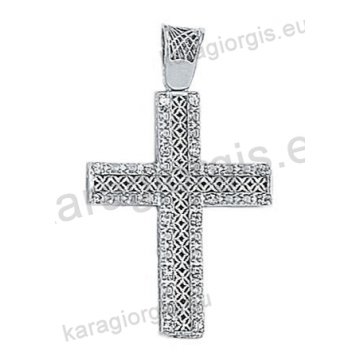 Λευκόχρυσος βαπτιστικός σταυρός Κ14 για κορίτσι με συρμάτινη χιαστή πλέξη με άσπρες πέτρες ζιργκόν