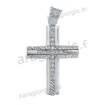Λευκόχρυσος βαπτιστικός σταυρός Κ14 για κορίτσι με σαγρέ και λουστρέ φινίρισμα με άσπρες πέτρες ζιργκόν