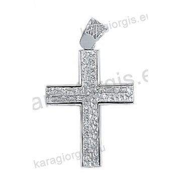 Λευκόχρυσος βαπτιστικός σταυρός Κ14 για κορίτσι με σαγρέ φινίρισμα με άσπρες πέτρες ζιργκόν