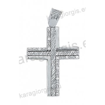 Λευκόχρυσος βαπτιστικός σταυρός Κ14 για κορίτσι με σαγρέ και λουστρέ φινίρισμα με άσπρες πέτρες ζιργκόν