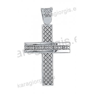 Λευκόχρυσος βαπτιστικός σταυρός Κ14 για κορίτσι με συρμάτινη χιαστή πλέξη και λουστρέ φινίρισμα με άσπρες πέτρες ζιργκόν