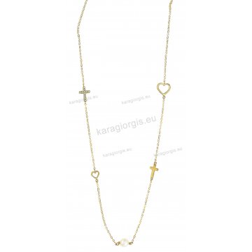 Κολιέ χρυσό Κ14 με καρδούλες, περλίτσα και σταυρουδάκια με άσπρες πέτρες ζιργκόν