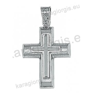Λευκόχρυσος βαπτιστικός σταυρός Κ14 για αγόρι με λουστρέ και σαγρέ φινίρισμα και ένθετο λευκόχρυσο σταυρό