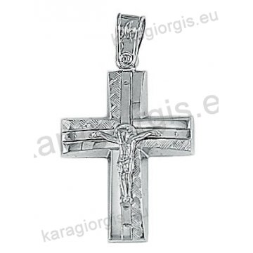Λευκόχρυσος βαπτιστικός σταυρός Κ14 για αγόρι με διαμαντέ και λουστρέ φινίρισμα και ένθετο λευκόχρυσο εσταυρωμένο