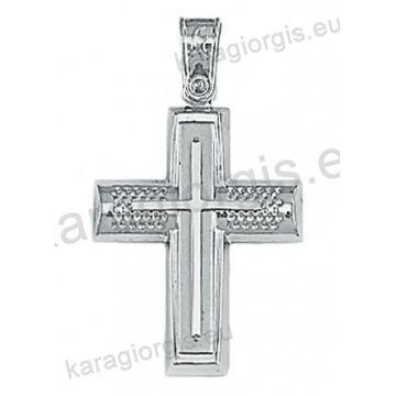 Λευκόχρυσος βαπτιστικός σταυρός Κ14 για αγόρι με λουστρέ και σφυρίλατο φινίρισμα και ένθετο λευκόχρυσο σταυρό