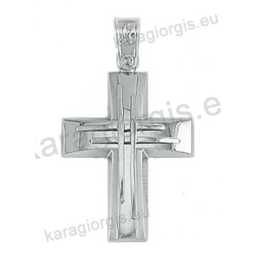Λευκόχρυσος βαπτιστικός σταυρός Κ14 για αγόρι με λουστρέ και ματ φινίρισμα με ένθετο διπλό λευκόχρυσο σταυρό