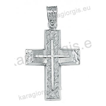 Λευκόχρυσος βαπτιστικός σταυρός Κ14 για αγόρι με διαμαντέ και λουστρέ φινίρισμα και ένθετο λευκόχρυσο σταυρό