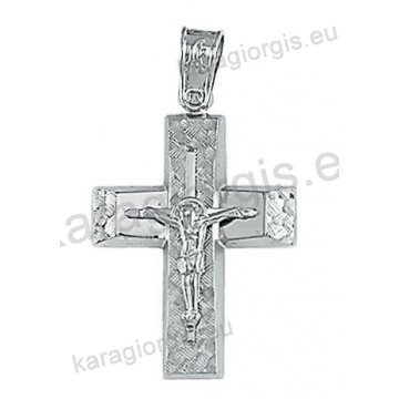Λευκόχρυσος βαπτιστικός σταυρός Κ14 για αγόρι με διαμαντέ και λουστρέ φινίρισμα και ένθετο λευκόχρυσο εσταυρωμένο