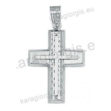 Λευκόχρυσος βαπτιστικός σταυρός Κ14 για αγόρι με διαμαντέ και λουστρέ φινίρισμα και ένθετο λευκόχρυσο σταυρό