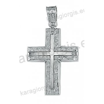 Λευκόχρυσος βαπτιστικός σταυρός Κ14 για αγόρι με διαμαντέ και λουστρέ φινίρισμα και λευκόχρυσο σταυρό