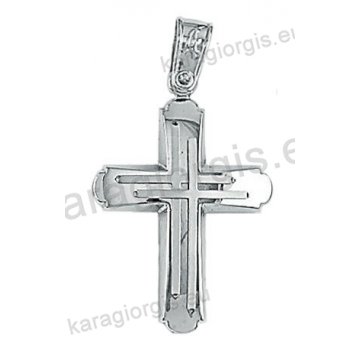 Λευκόχρυσος βαπτιστικός σταυρός Κ14 για αγόρι με λουστρέ φινίρισμα και ένθετο διπλό λευκόχρυσο σταυρό