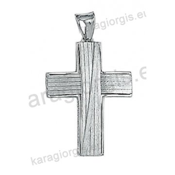 Λευκόχρυσος βαπτιστικός σταυρός Κ14 για αγόρι με λουστρέ φινίρισμα με ματ ένθετες κάθετες και οριζόντιες γραμμές