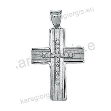 Λευκόχρυσος βαπτιστικός σταυρός Κ14 για κορίτσι με λουστρέ φινίρισμα με ματ ένθετες κάθετες και οριζόντιες γραμμές και άσπρες πέτρες ζιργκόν