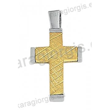 Δίχρωμος βαπτιστικός σταυρός για αγόρι Κ14 χρυσός με λευκόχρυσο με σαγρέ γραμμωτό φινίρισμα