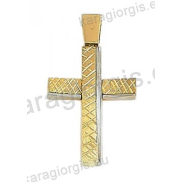Δίχρωμος βαπτιστικός σταυρός για αγόρι Κ14 χρυσός με λευκόχρυσο με σαγρέ γραμμωτό φινίρισμα