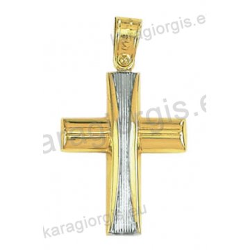 Δίχρωμος βαπτιστικός σταυρός για αγόρι Κ14 χρυσός με λευκόχρυσο με λουστρέ και γραμμωτό φινίρισμα 